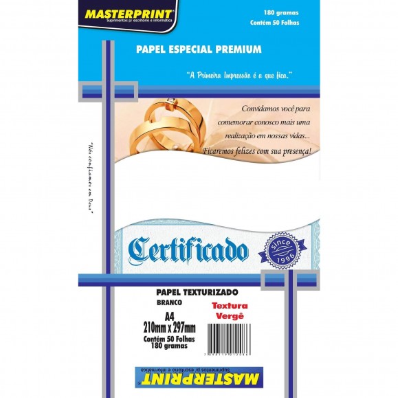 Papel Certificado Masterprint Vergê A4 180g pct c/50 fls - Branco